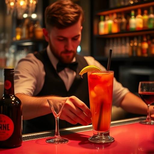 A bartender crafting a colorful cocktail at a bar