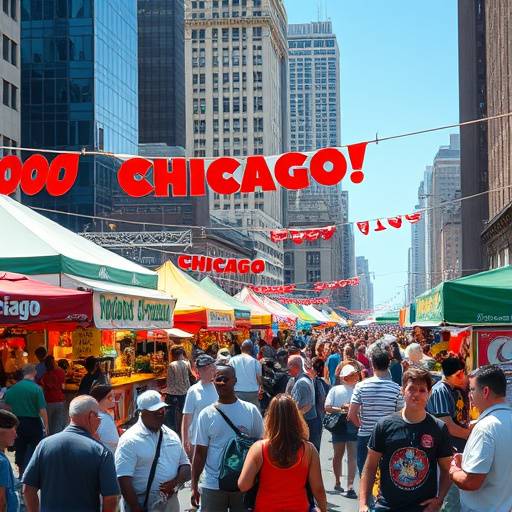A food festival in Chicago with diverse food stalls and crowds of people