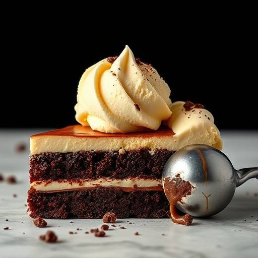 A slice of chocolate cake with a scoop of vanilla ice cream