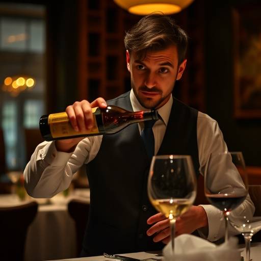 A sommelier pouring wine into a glass in a dimly lit restaurant