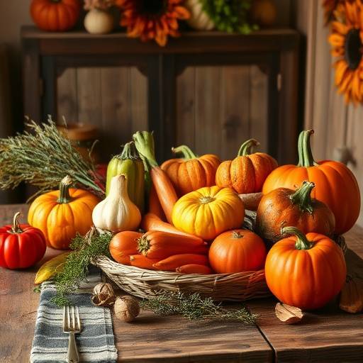 Autumn harvest vegetables arranged on a wooden table