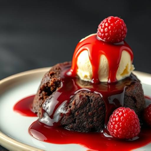 Chocolate Lava Cake with vanilla ice cream and raspberry sauce
