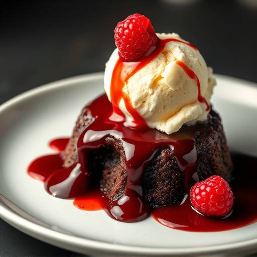 Chocolate Lava Cake with vanilla ice cream and raspberry sauce