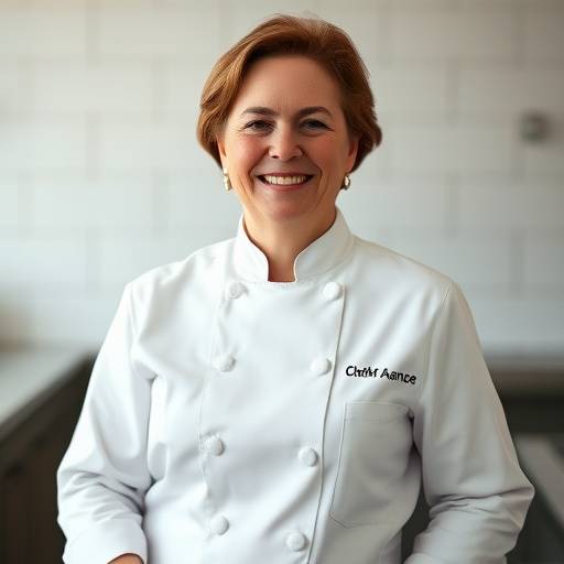 Eleanor Vance, Head Chef of The Golden Spoon, smiling in her chef's coat