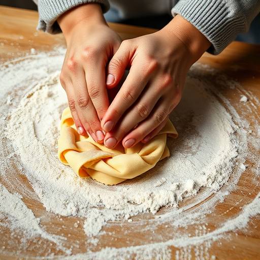 Hands preparing pasta dough on a floured surface