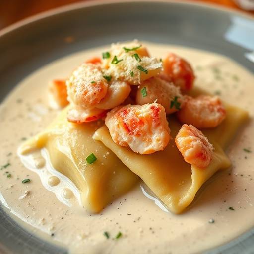 Lobster Ravioli with truffle cream sauce and parmesan cheese