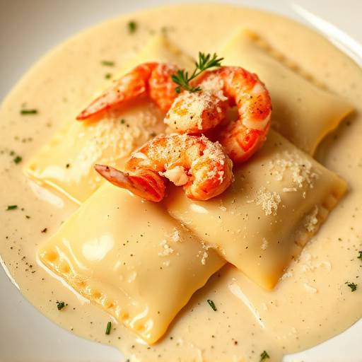 Lobster Ravioli with truffle cream sauce and parmesan cheese