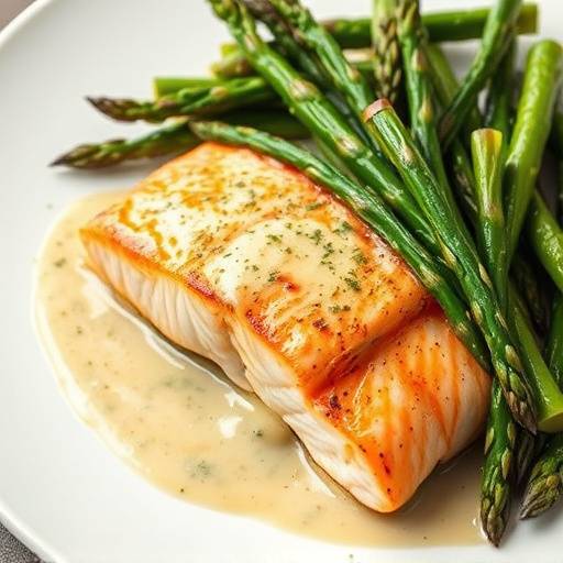 Pan-Seared Salmon with asparagus and lemon-dill sauce