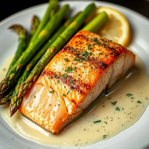 Pan-Seared Salmon with asparagus and lemon-dill sauce