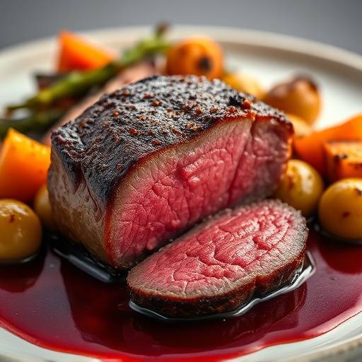 Seared Filet Mignon with roasted vegetables and red wine reduction