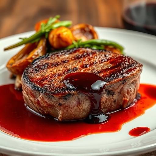 Seared Filet Mignon with roasted vegetables and red wine reduction