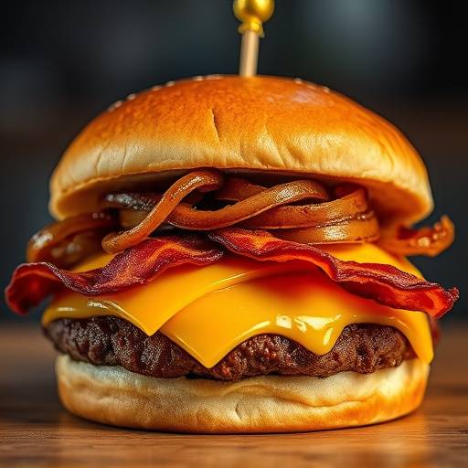 The Golden Spoon Burger with caramelized onions, bacon, and cheddar cheese